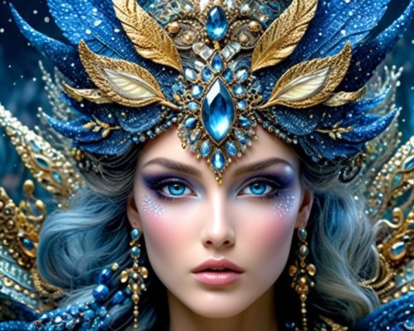 Fantasy Figure with Icy Blue Hair and Starry Background