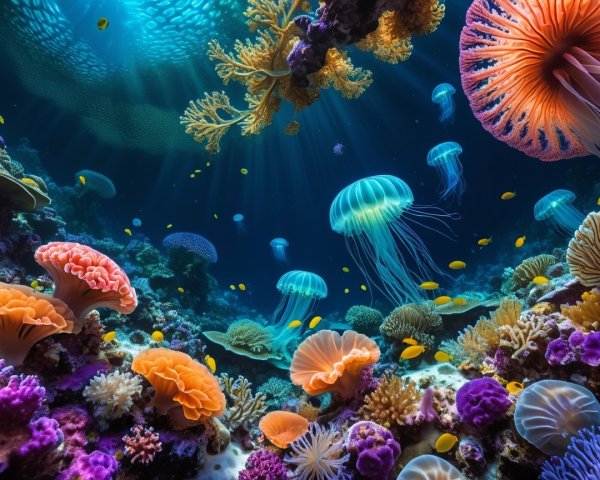 Vibrant Underwater Scene with Coral Reefs and Jellyfish
