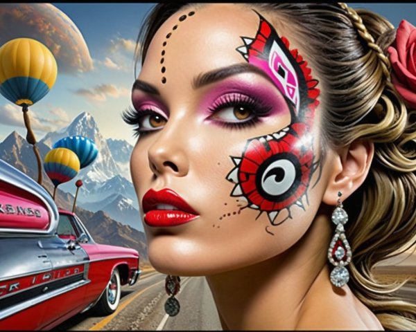 Portrait of a woman with vibrant face paint and balloons