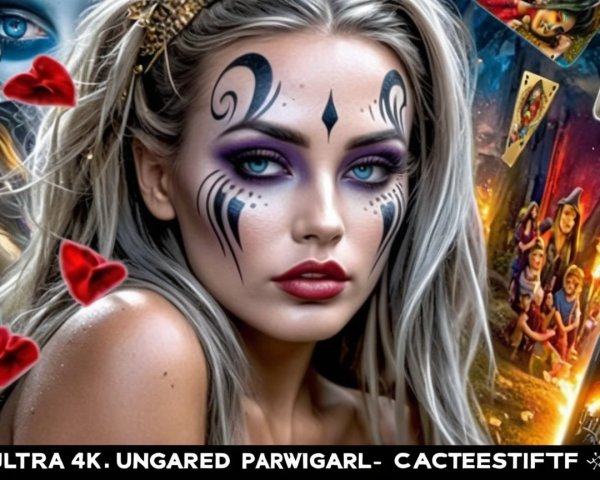 Portrait of a woman with dramatic makeup and whimsical background
