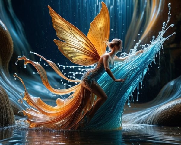 Fairy with Orange and Gold Wings Soaring Through Waterfall