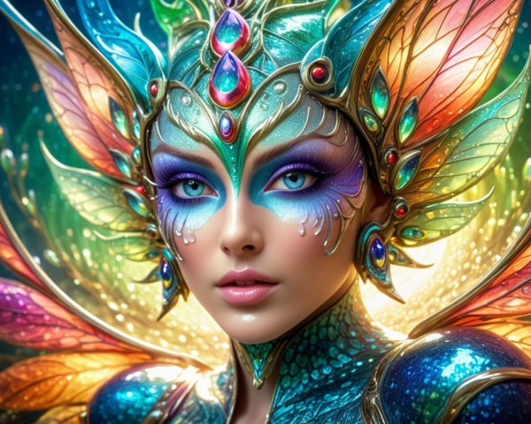 Fantasy figure with iridescent makeup and colorful wings
