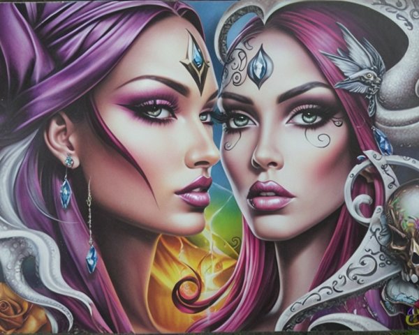 Ethereal Women with Vibrant Hair and Intricate Makeup