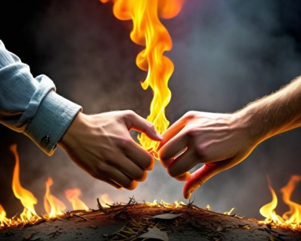 Hands Reaching Above Fiery Landscape with Smoke