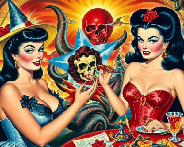 Vintage Pin-Up Women in Witch and Red Dress Theme