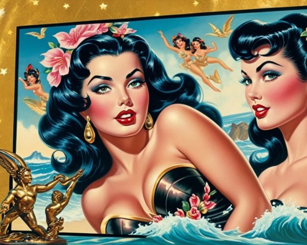 Vintage Illustration of Glamorous Woman with Fantasy Elements