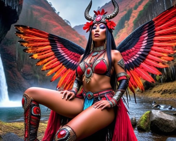 Vibrant Red and Black Attire by a Cascading Waterfall