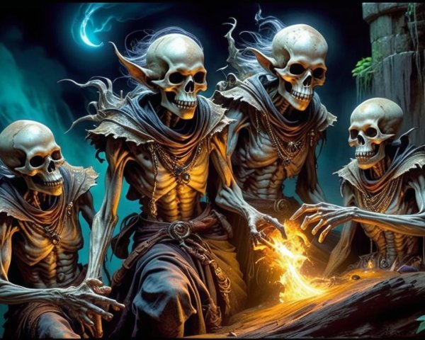Skeletal Figures in Dark Robes Around a Flame