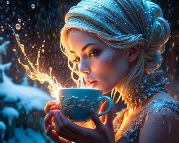 Serene woman in snowy backdrop with ornate teacup