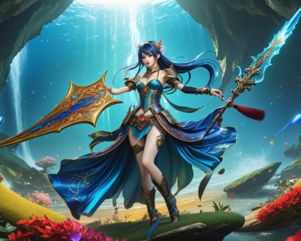 Warrior in Blue and Gold Armor in Mystical Landscape