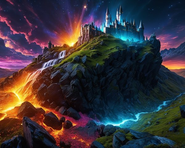 Majestic castle on a cliff with vibrant landscapes