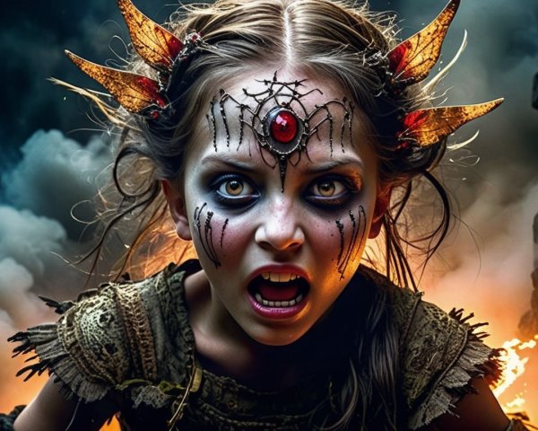 Fierce Young Girl with Dramatic Makeup and Horns