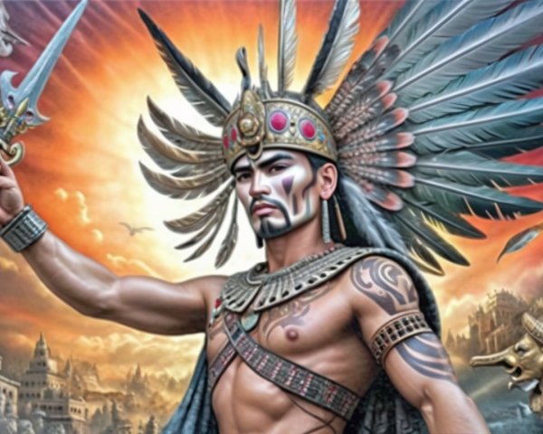 Muscular warrior with feathered headdress at sunset