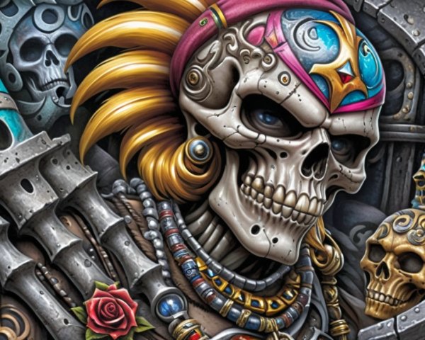 Colorful Skull with Headdress and Intricate Jewelry