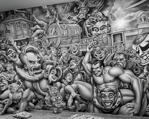 Vibrant Mural with Cartoonish Characters and Whimsical Scenery