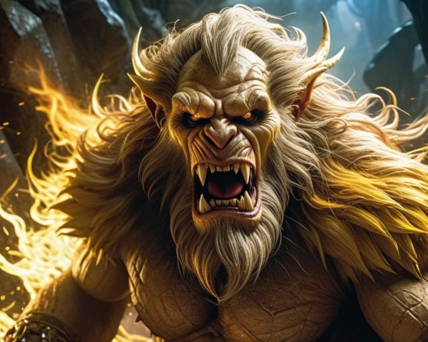 Muscular Creature with Flames in Dark Cave Setting