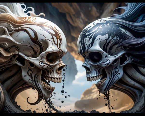 Intricately Designed Skulls in Surreal Landscape