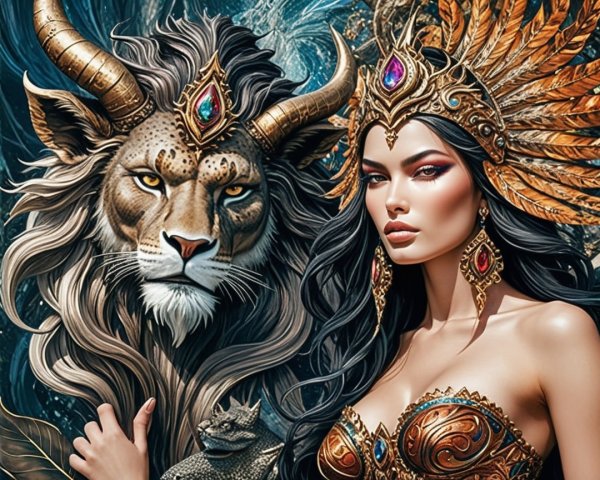Regal Woman in Golden Outfit with Lion Companion