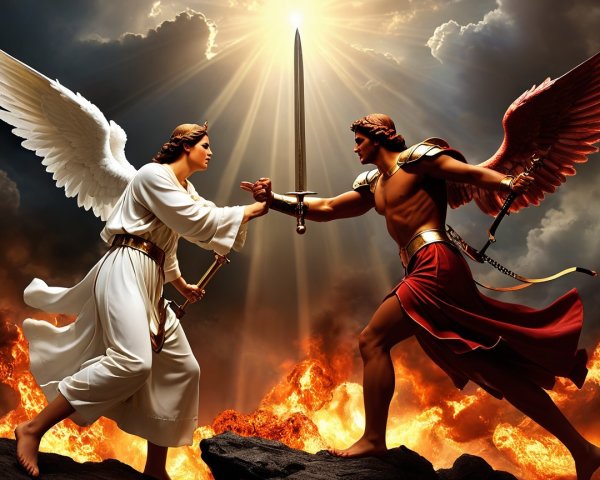 Celestial Angels in Dramatic Standoff with Fiery Backdrop