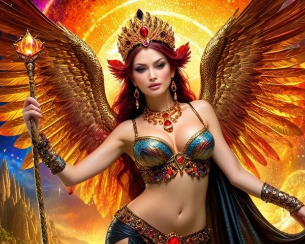 Majestic figure with wings and shimmering attire