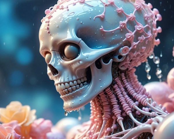 Futuristic skeletal figure with glossy skull and tendrils