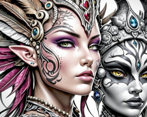 Intricate Face Paint and Headdresses on Female Figures