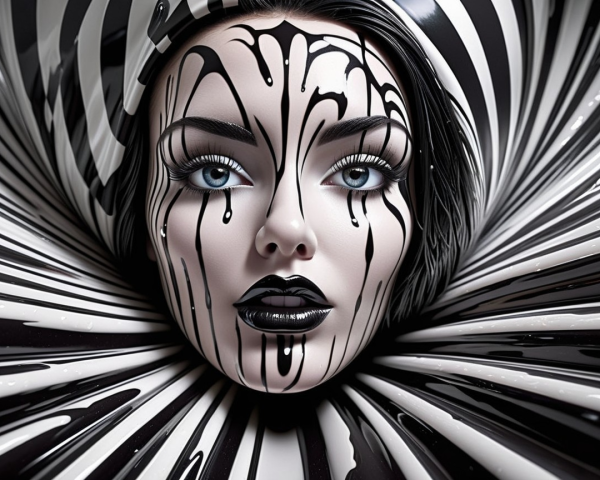 Close-up of a face with dramatic makeup and stripes