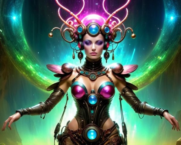 Futuristic Cybernetic Figure in Vibrant Armor Design