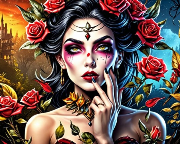 Striking Woman with Roses Against Twilight Sky