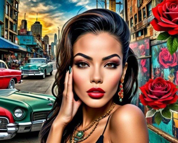 Glamorous Woman Posing in Colorful City Scene
