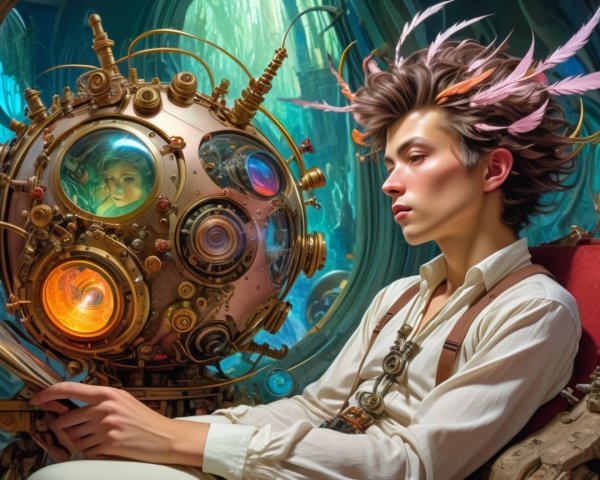 Young man beside whimsical steampunk device with reflection
