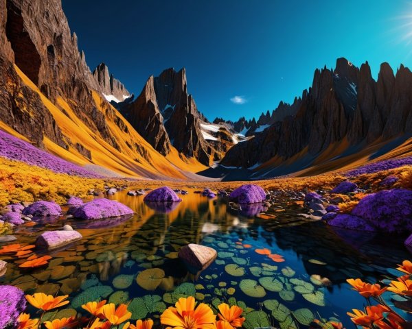 Vibrant Landscape with Reflective Lake and Mountains