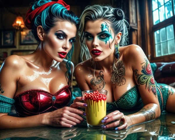 Stylish Women in Vintage Setting with Colorful Drinks