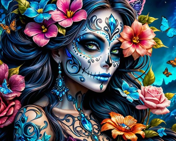 Colorful depiction of a woman with sugar skull makeup