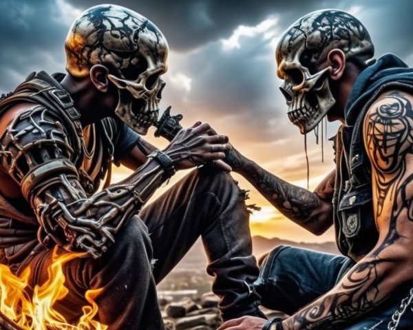 Skull-Headed Figures in Futuristic Gothic Setting