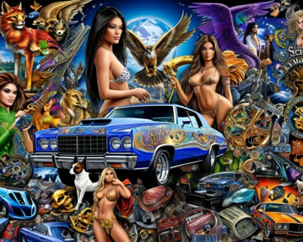 Vibrant collage with a blue car and fantasy elements