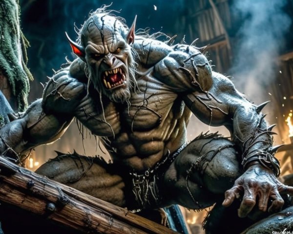Muscular Gray Creature with Sharp Fangs on Wooden Beam