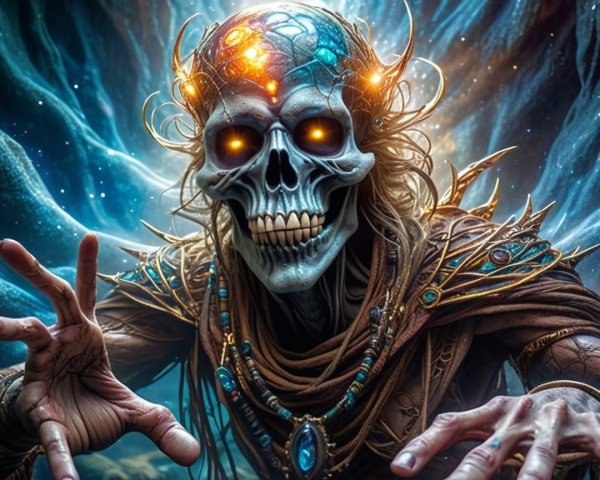 Haunting Figure with Skull Head and Glowing Eyes