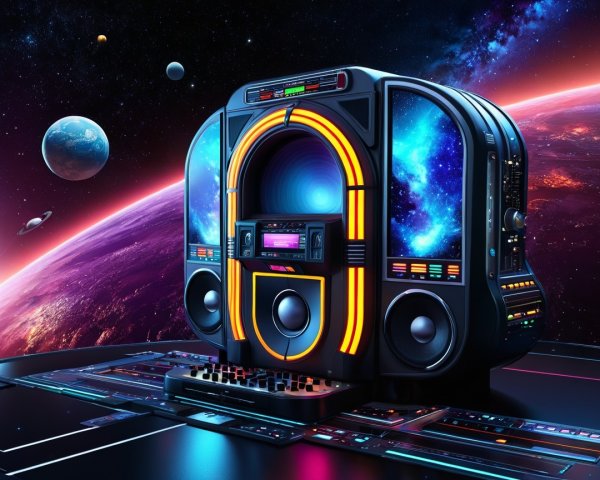 Futuristic jukebox with cosmic and neon design elements