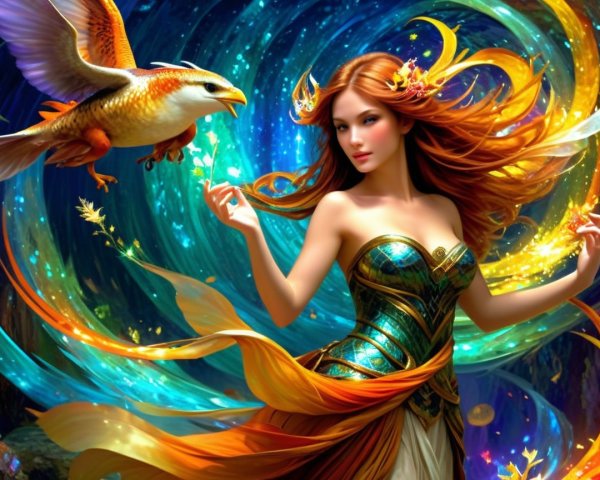 Woman in Teal Gown Surrounded by Mythical Elements