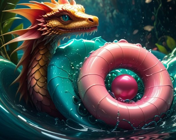 Vibrant Dragon in Turquoise Waters with Pool Float