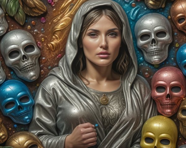 Portrait of a Woman in Silver Cloak with Colorful Skulls