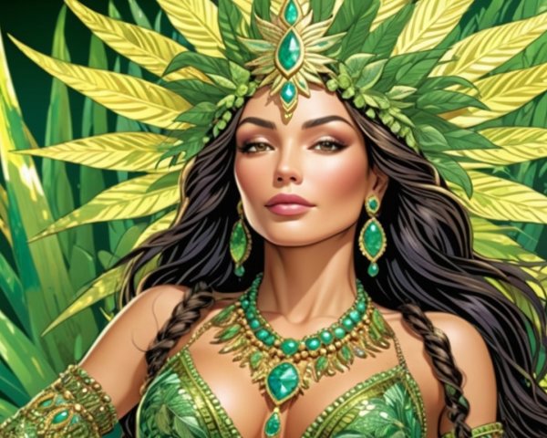 Woman in Emerald-Green Attire with Leaf Headdress