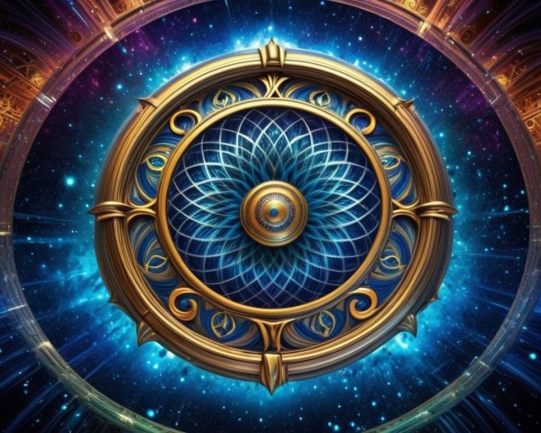 Ornate Cosmic Mandala with Golden Patterns and Galaxies