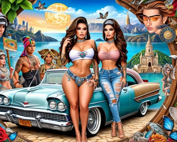 Glamorous Women with Vintage Car in Tropical Setting