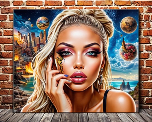 Glamorous Woman in Surreal Landscape with Golden Object