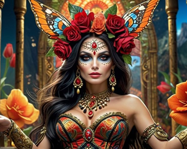 Woman with Butterfly Wings and Floral Crown in Nature