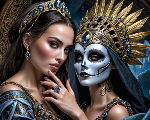 Elegant Women in Dramatic Royal Attire and Makeup