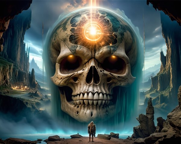 Colossal Skull in Surreal Landscape with Glowing Orb