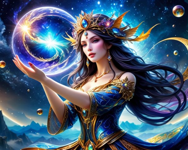 Ethereal Woman in Blue Gown with Cosmic Background
